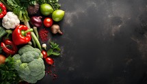 Composition with variety of fresh organic vegetables on dark background, top view