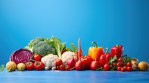 Composition with variety of raw organic vegetables on table against blue background