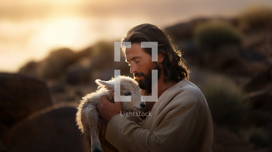 Jesus the shepherd and a newborn lamb at the brink of dawn. 