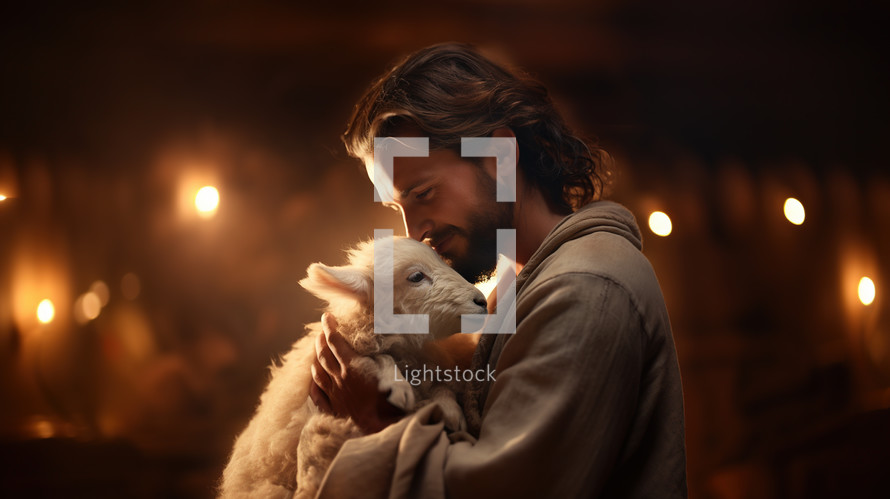 Jesus the shepherd and a little lamb late at night. 