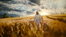 Jesus walks through the ripe wheat fields that are ready for harvest. The harvest is ready but the workers are few. A vision of the future