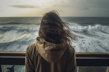 Woman Standing Facing Ocean Waves