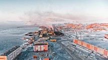 drone shot of anadyr town in russia during winter aerial view 4k 