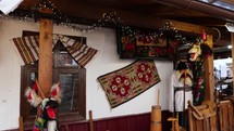 Souvenir Stall With Traditional Romanian Handicrafts And Costumes. Slide Shot
