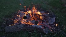 Hot flames of camp fire burning wood logs and tree branches in cinematic slow motion.