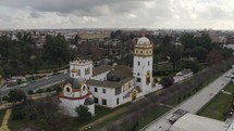 Aerial circle view of Antonio Ruiz Soler conservatory of dance surrounded by Sevilla. Spain