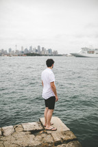 a man standing on a rocky shore watching a passing cruise ship 