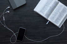 Bible, Journal, cellphone, earbuds 