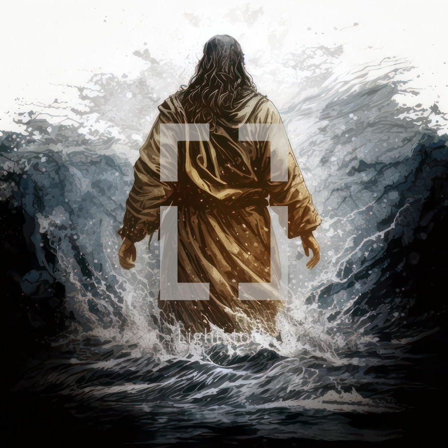 Jesus Christ walking on water in a storm. Power of Faith concept