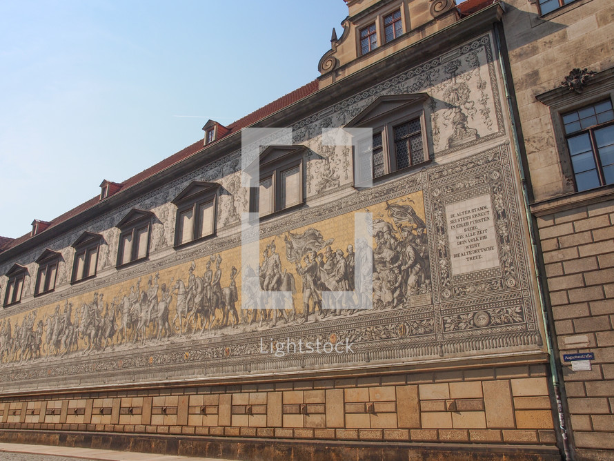 Fuerstenzug meaning Procession of Princes, large mural of a mounted procession of the rulers of Saxony painted in 1871 in Dresden, Germany
