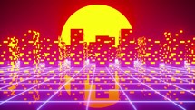 Retro synthwave neon lit cityscape with the sun setting or rising in the background 4k animation