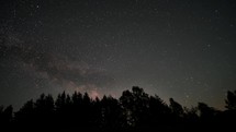 Time lapse of stars, including the Milky Way, move above a silhouette forest. Also satellites and meteors streak across sky. 