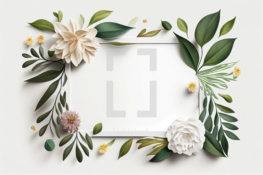 Layout of flowers and leaves frame around white paper area