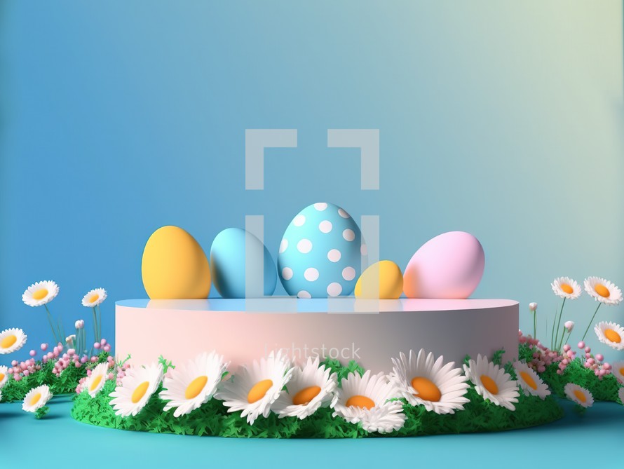 3D render of Easter podium stand, eggs, and flowers