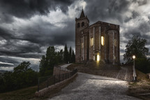 church under dark skies 