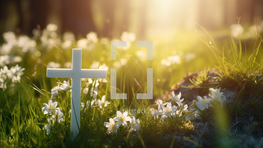 White cross in field of flowers with sunlight