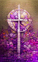 light cross and golden tan and purple background mosaic cross - combination of my cross artwork, AI input and further editing