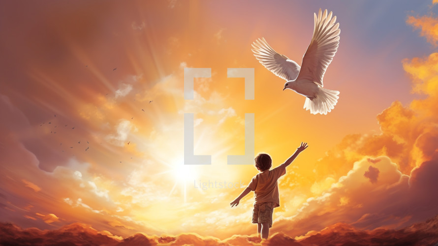 Child And Easter Dove In Orange Sky