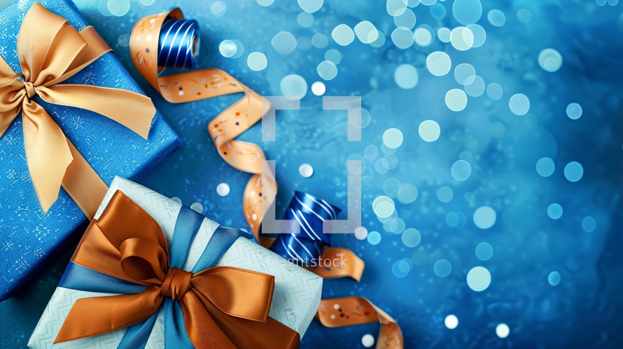 Blue and Gold gifts with blue bokeh