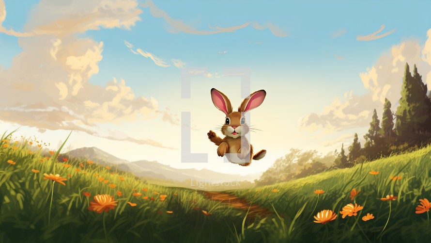 happy easter rabbit jumping on sunny fields 