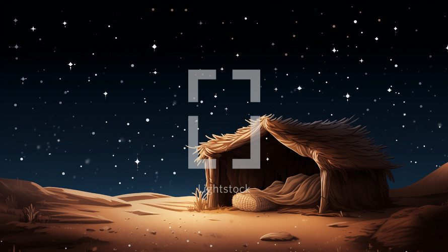 Hut of the birth of Jesus Christ in a night desert with starry lights
