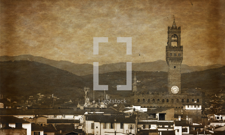 Antique effect on paper of Palazzo Vecchio in Florence, historic building where there is currently the town hall.