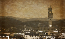 Antique effect on paper of Palazzo Vecchio in Florence, historic building where there is currently the town hall.