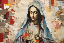 Portrait of the Mother Mary with a bouquet of flowers in her hands