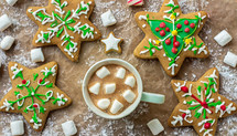 Hot cocoa and marshmallows with decorated cookies