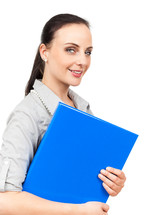 business woman holding a blue binder 
