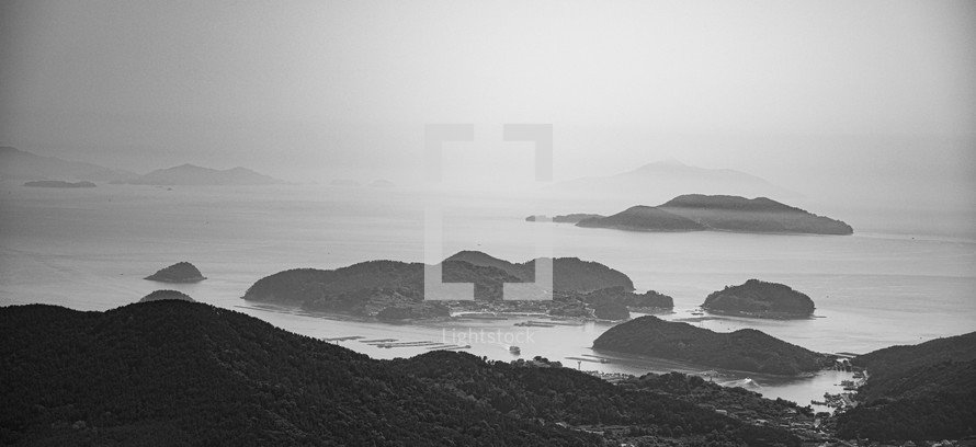 Black and white landscape of Korean islands off the coast