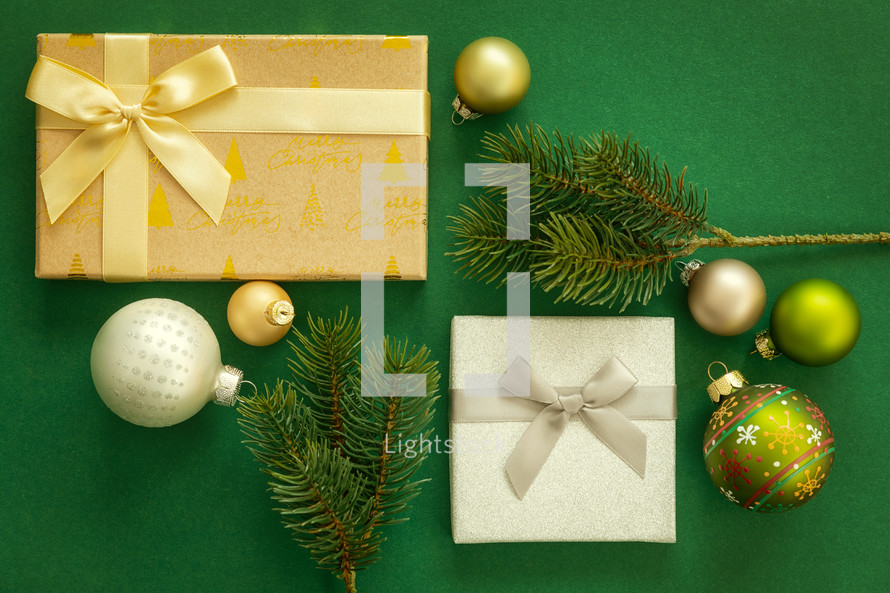 wrapped gifts on a green background 