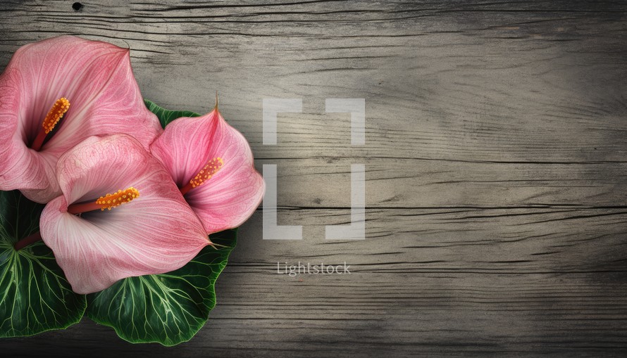 Pink calla lily flowers on old wooden background with copy space