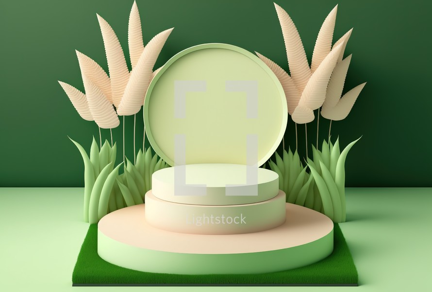 3d illustration of a green grass podium on a natural background