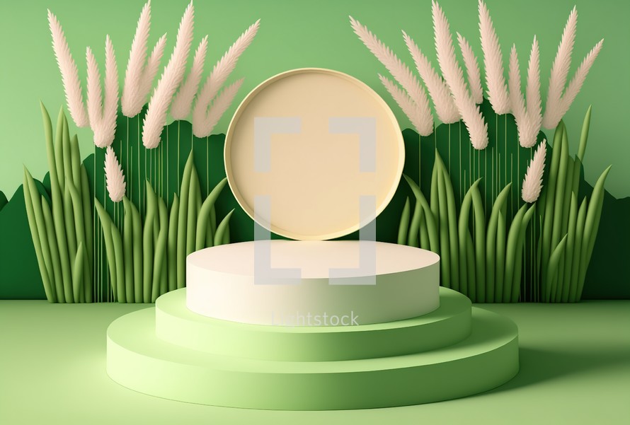Realistic 3d rendering of podium with green grass backdrop