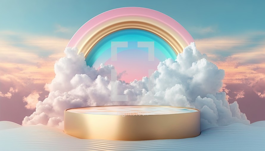 Golden podium surrounded by clouds and a rainbow
