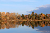 autumn forest trees reflecting on a lake 