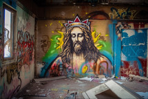 A graffiti wall depicting Jesus as king