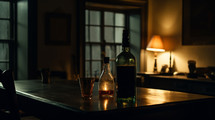 Dimly lit room with alcohol on a table in a home. 