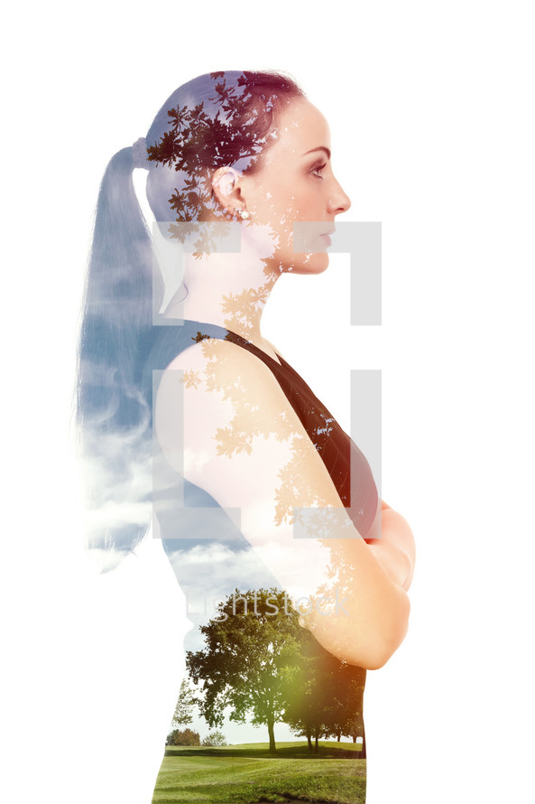 double exposure, side profile, woman, nature, trees, sky, clouds, outdoors 
