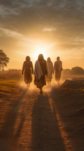 Jesus walking with his disciples into the sunset.