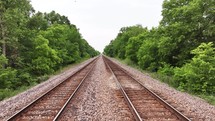Walking down railroad tracks with green trees and birds.