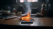 A smart phone catching fire on a desktop. 