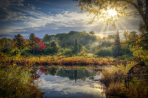 Sunlit pond with fall trees 