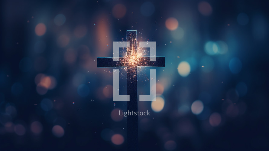 Cross with glittering light and bokeh in the background. 