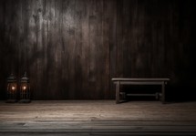Wooden background with lamp and bench. 3D rendering. Vintage style.