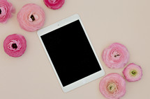 pink peonies and iPad 