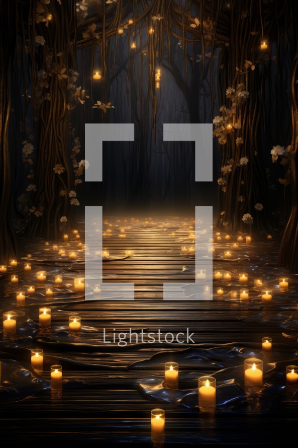 Candles in the dark forest at night. 3D rendering.