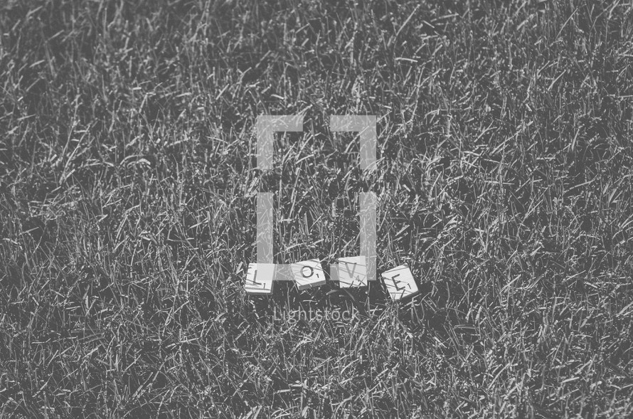 "Love" spelled out in Scrabble tiles in the grass.