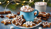 Star shape cookies and hot chocolate with marshmallows